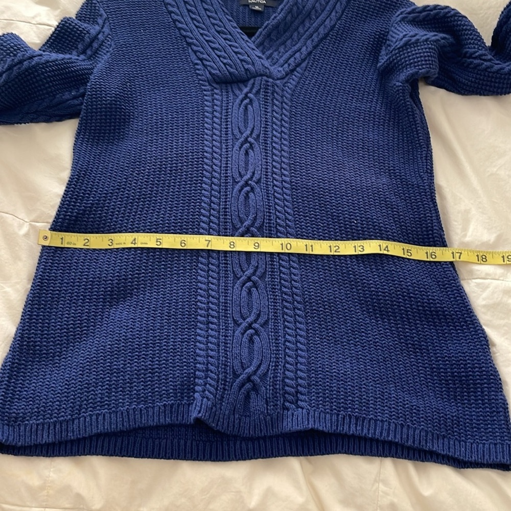 Nautica Women’s Blue V Neck Cotton Knit Cable Sweater - Picture 9 of 13
